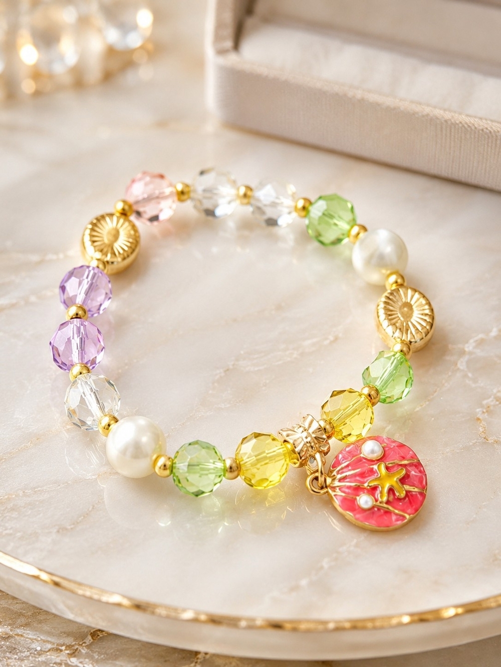 Nicole Pastel Crystal Beaded Bracelet with Pink Shell Charm
